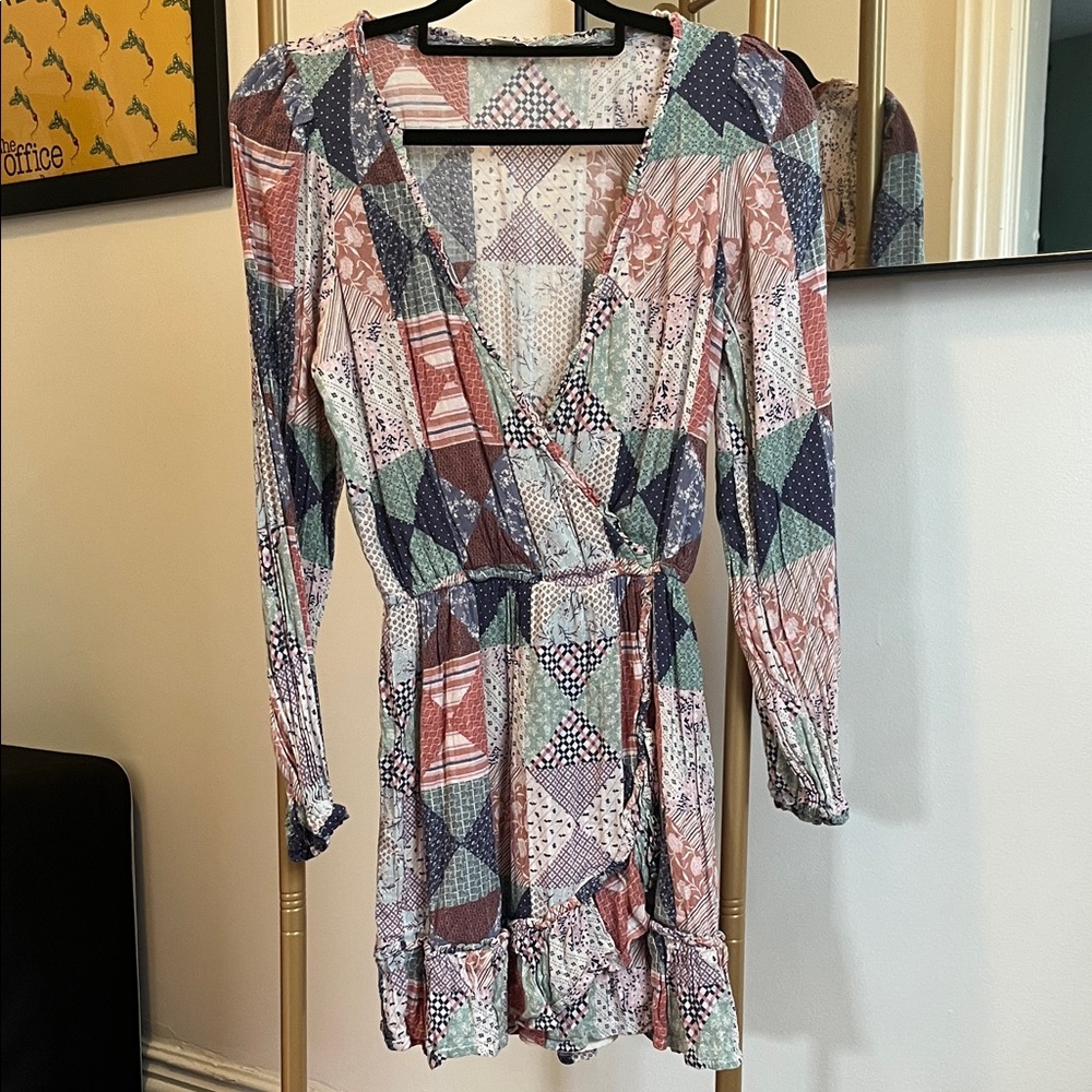 American Eagle Outfitters Patchwork Print Mini Dress in Rust, Navy, Mint, Cream